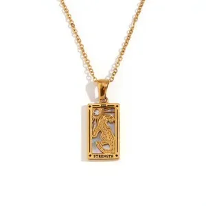 Authentic Gold Plated Square Colorful Enamel Tarot Card Pendant Necklace