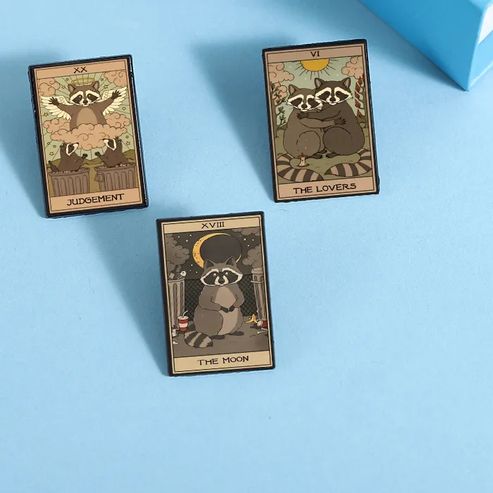 Authentic Little Raccoon Tarot UV Printing Pins Punk Animal Brooches Badges Lapel Hat Accessories Halloween Jewelry for Kids Friends