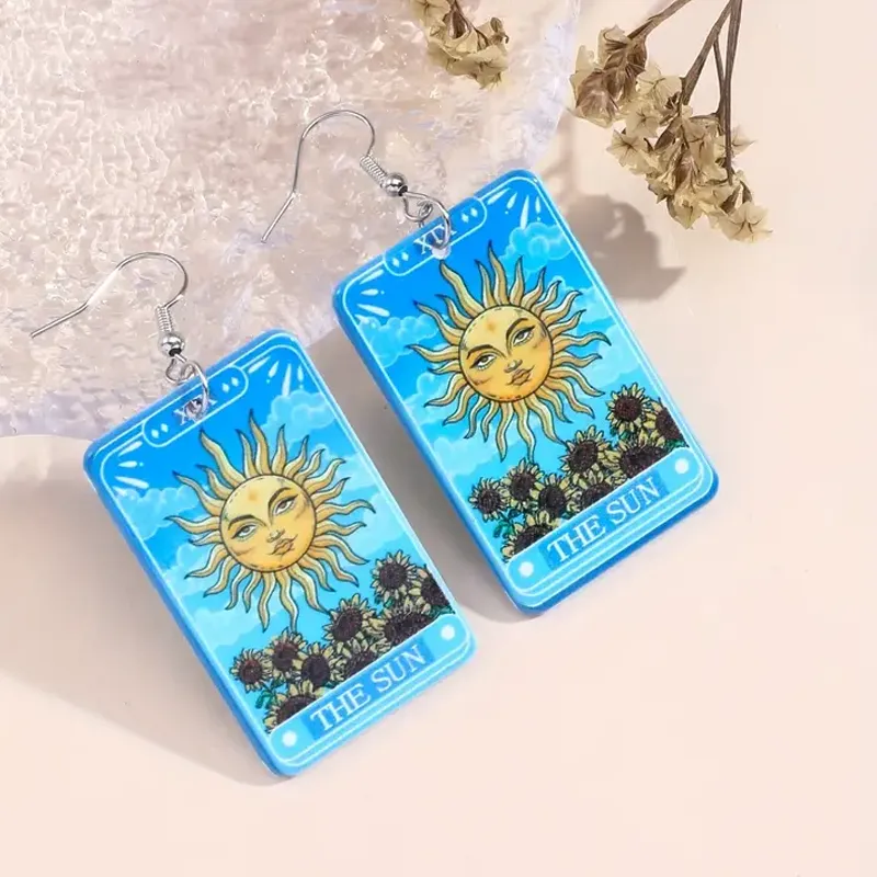 Authentic Cool Tarot Sun Letter Sunflower Print Dangle Earrings Style Acrylic Jewelry Creative Exquisite Female
