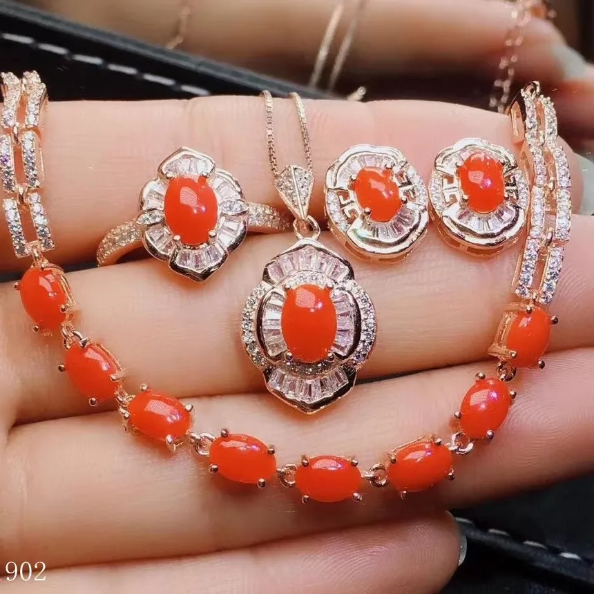 Authentic KJJEAXCMY Exquisite Jewelry 925 Sterling Silver Inlaid Natural Ruby Red Coral Bracelet Pendant Ring Ear Nail 4 Pieces Suit MARRY