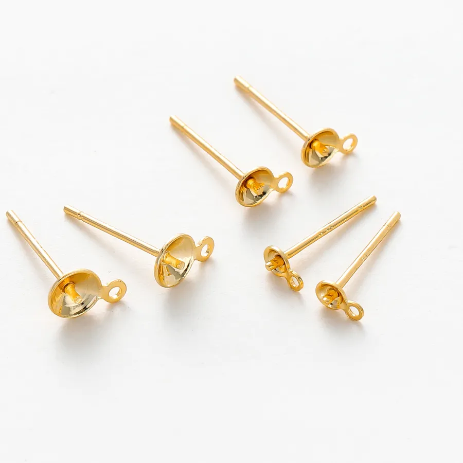 Authentic 30Pcs 14K/18K Gold Color with Hooks Hole 3/4/5mm Round Stud Earrings Pins High Quality Jewellery Accessories