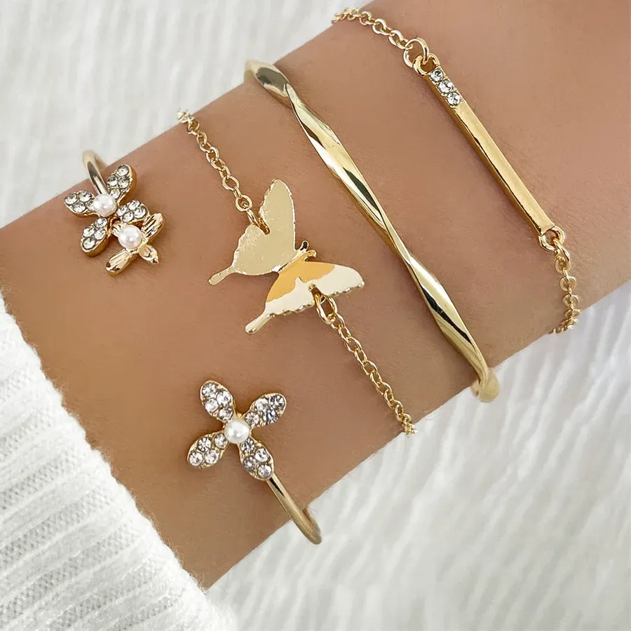 Authentic Vintage Gold Color Cuff Bracelet Set of 4 Butterfly Bracelet Combination Elegant Bracelet Jewelry Gifts