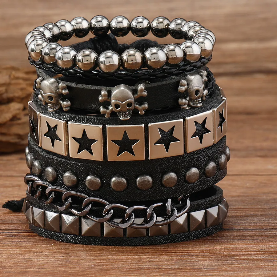 Authentic Faion Multi-Layer Wide Leather Bracelet Skull Star 4-Piece Set Dominant Personali Jewelry Accory