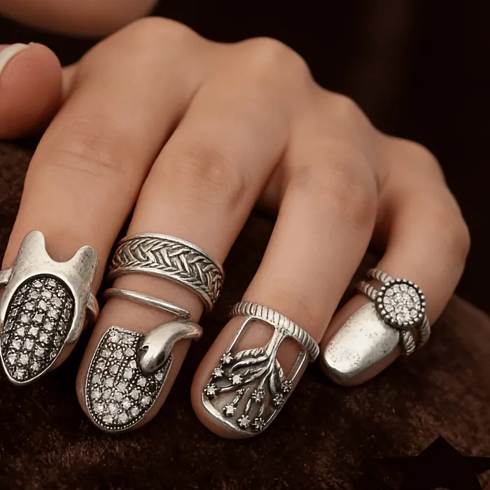 Authentic Whispers of Elegance: 4-Piece Enchanted Nail Ring Set