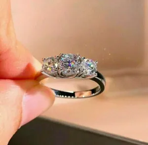 Authentic 2.30CT Round Moissanite 3-Stone Wedding Band Ring 14K White Gold Plated