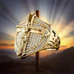 Authentic MEN JESUS CROSS SHIELD HIP HOP RAPPER GOLD PLATED LUXURY PINKY RING SIZE 8 ~ 12