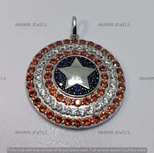 Authentic Lab-Created Diamond 3.50 CT Captain America Shield Pendant 14K White Gold Plated