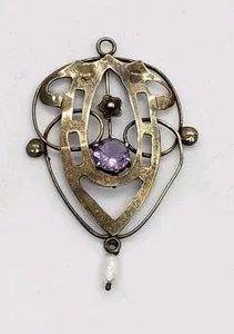 Authentic Vintage Art Deco Pendant Lyrical Shield Amethyst Gold Plated Sterling Museum