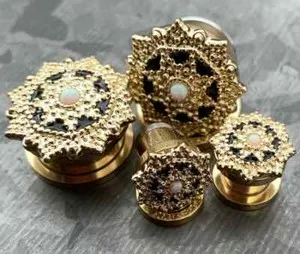 Authentic PAIR Opal Center 14kt Gold Plated Tribal Shield Top Screw Fit Tunnel Plugs