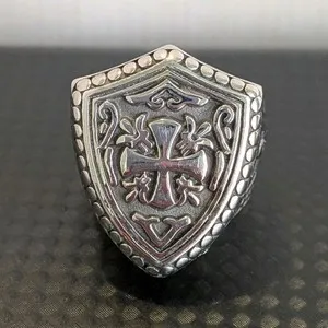 Authentic 925 Sterling Silver No Stone Men's Shield Cross Ring 14k White Gold Plated
