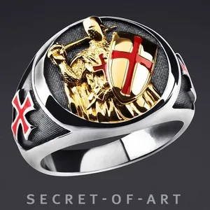 Authentic Knights Templar Sword Shield Masonic ring 925 Silver Freemasonry 18K-Gold-Plated