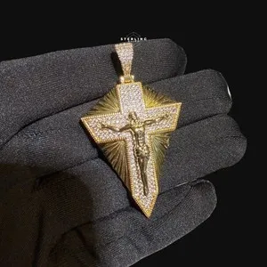 Authentic Gold Jesus Cross Shield Pendant 14k Gold Plated Iced Out Religious + Rope
