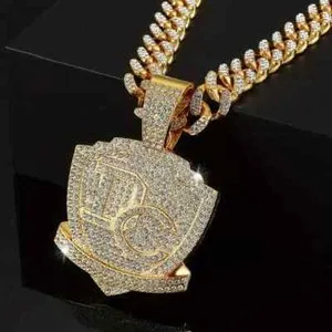 Authentic Hip Hop Gold plated DC Shield Cubic Zirconia Pendant & 20" Cuban Chain Necklace