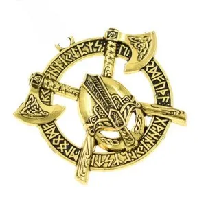 Authentic large VIKING NORDIC SHIELD AXE KNIGHT pendant 22" 18K GOLD plated chain men