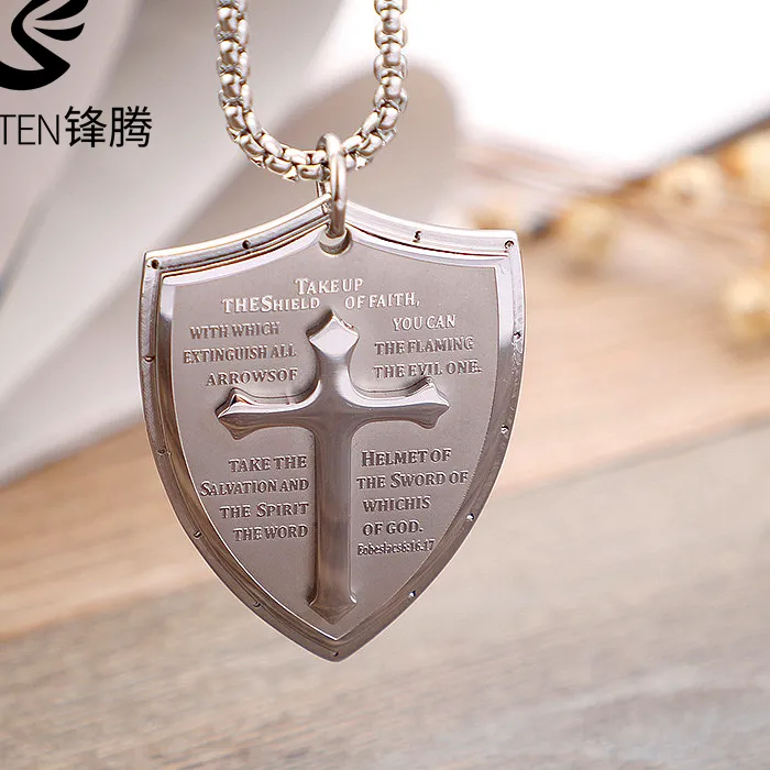 Authentic Fongten Knight Cross Shield Shaped Male Pendant Necklace Trendy Men's Hip Hop Chain Jewelry Party Gifts