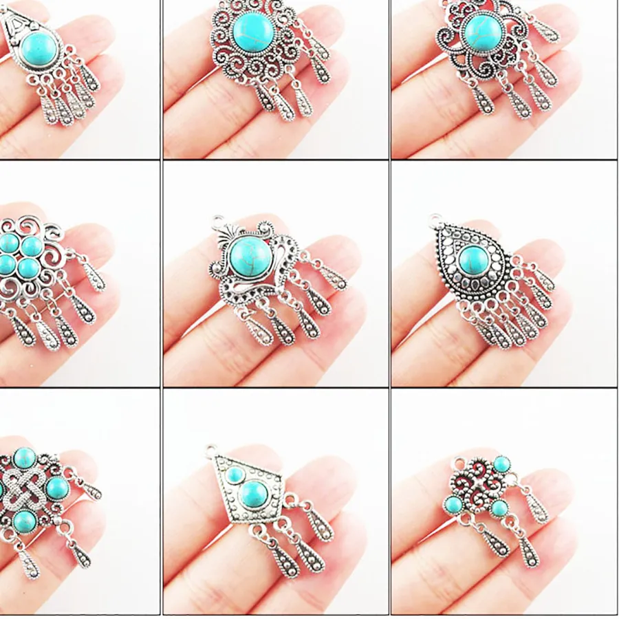 Authentic Turquoise Stone Charms Flower Teardrop Crown Shield Tibetan Silver Plated Tassels Pendants Retro