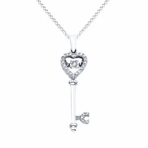 Authentic 1/10Ct Real Diamond Motion Key Pendant Necklace 14K White Gold Plated Silver 18"