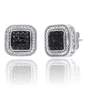Authentic 1/10 Ct Black Natural Diamond Stud Earrings in 14K White Gold Plated Sterling