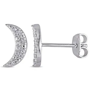 Authentic 1/10CT Round Natural Diamond Crescent Moon Stud Earrings 14k White Gold Plated