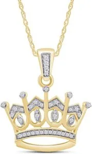 Authentic 1/10 Ct Natural Diamond Crown Pendant Necklace 14K Gold Plated Silver
