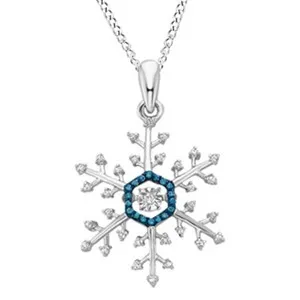 Authentic 1/10 Ct Blue & White Diamond Snowflake Lovebeat Pendant in 14K White Gold Plated