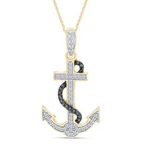 Authentic 1/10 Ct Real Blue Diamond Anchor Pendant Necklace 14k Yellow Gold Plated Silver