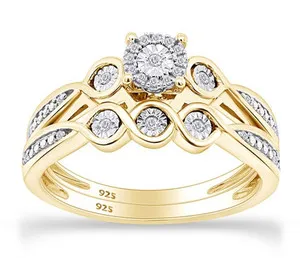 Authentic Engagement & Wedding Ring Set 1/10 Ct Natural Diamond in 14K Gold Plated Silver