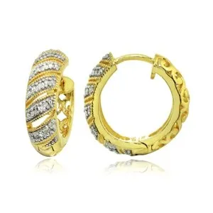 Authentic 1/10ct TDW Diamond Round Huggie Gold Plated Sterling Silver Hoop Earrings, JK-I3
