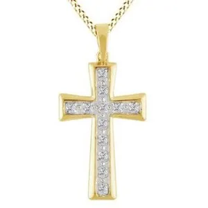 Authentic 1/10 ct Natural Diamond 18K Yellow Gold Plated Silver Cross Pendant Necklace