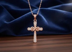 Authentic 1/10ct Moissanite Infinity Cross Pendant Necklace 14K Rose Gold Plated Silver