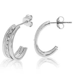 Authentic 1/10 ct Diamond Hoop Earrings for Women Gold Plated Silver Prong 1 Inch