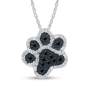 Authentic 1/10ct White & Black Real Diamond Dog Paw Pendant 18" Necklace White Gold Plated