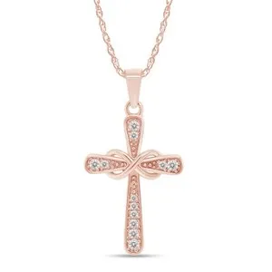 Authentic 1/10ct Moissanite Infinity Cross Pendant Necklace 14K Rose Gold Plated Silver