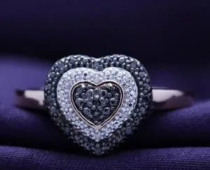 Authentic 1/10 Ct Round Black & White Real Diamond Heart Ring 14K Gold Plated Silver Women