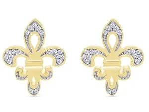 Authentic 1/10ct Round Cut Moissanite Fleur-De-Lis Stud Earrings 14K Yellow Gold Plated