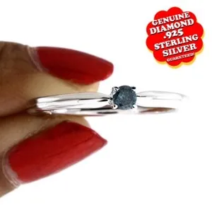 Authentic 1/10 Ct Round Cut Blue Real Diamond 14K White Gold Plated Solitaire Wedding Ring