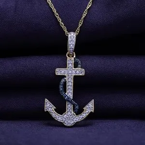 Authentic 1/10ct Real Blue & White Diamond Anchor Pendant 18" Necklace in 14K Gold Plated