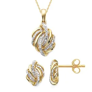 Authentic 1/10CT Diamond Love Knot Pendant Necklace & Earrgs Set 14K Gold Plated Sterlg