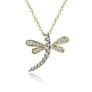 Authentic Dragonfly 1/10ct TDW Diamond Gold Plated 925 Silver Pendant Necklace, JK-I3