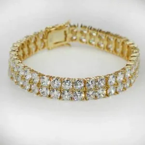 Authentic 10mm Thick Two Row Tennis Bracelet Gold Plated Over 925 Silver CZ