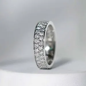 Authentic Round Cut Moissanite Two Row Eternity Engagement Band in 14k White Gold Plated