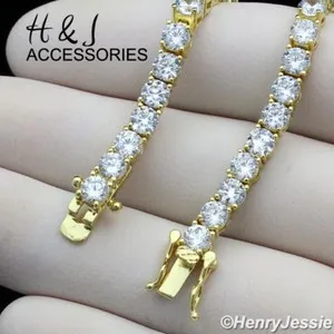 Authentic 7"MEN WOMEN 14K GOLD PLATED 4MM ICY BLING CZ 1 ROW GOLD TENNIS BRACELET*ABGB2
