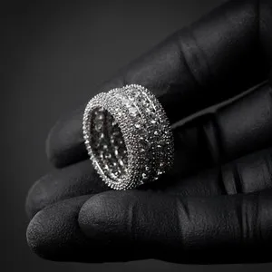 Authentic White Gold Plated Iced Cz Two Row Pointer Hip Hop Men's Large Statement Ring