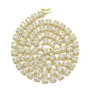 Authentic 18K Gold Plated 1 Row 6MM Iced Square Sparkling Halo Cluster CZ Tennis Necklace