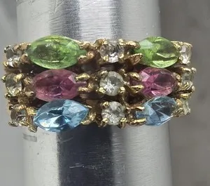 Authentic Vintage Gold Plated Multi-Gemstone & Crystal Triple Row Statement Ring Size 6.75