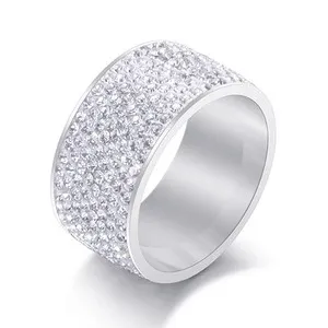 Authentic Crystal Pave Ring 8 Row Gold Plated Wide Band Women Jewelry