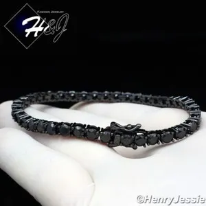 Authentic 8.5"MEN 14K BLACK GOLD PLATED ICY BLING CZ 4MM 1 ROW TENNIS CHAIN BRACELET*BB2
