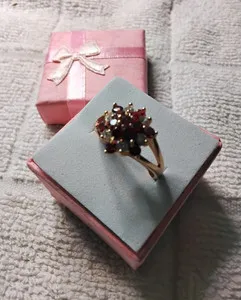 Authentic Ruby Red CZ Cluster Ring. Set In Yellow Gold Plated Mounting. Size 7.75