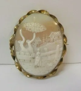 Authentic Unusual 19th C. Scenic Carved Shell Cameo Brooch, 1.75" Gold Plated Mounting