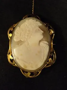 Authentic GORGEOUS LARGE 2.5" ANTIQUE CAMEO "PSYCHE" BROOCH, GOLD PLATED MOUNTING